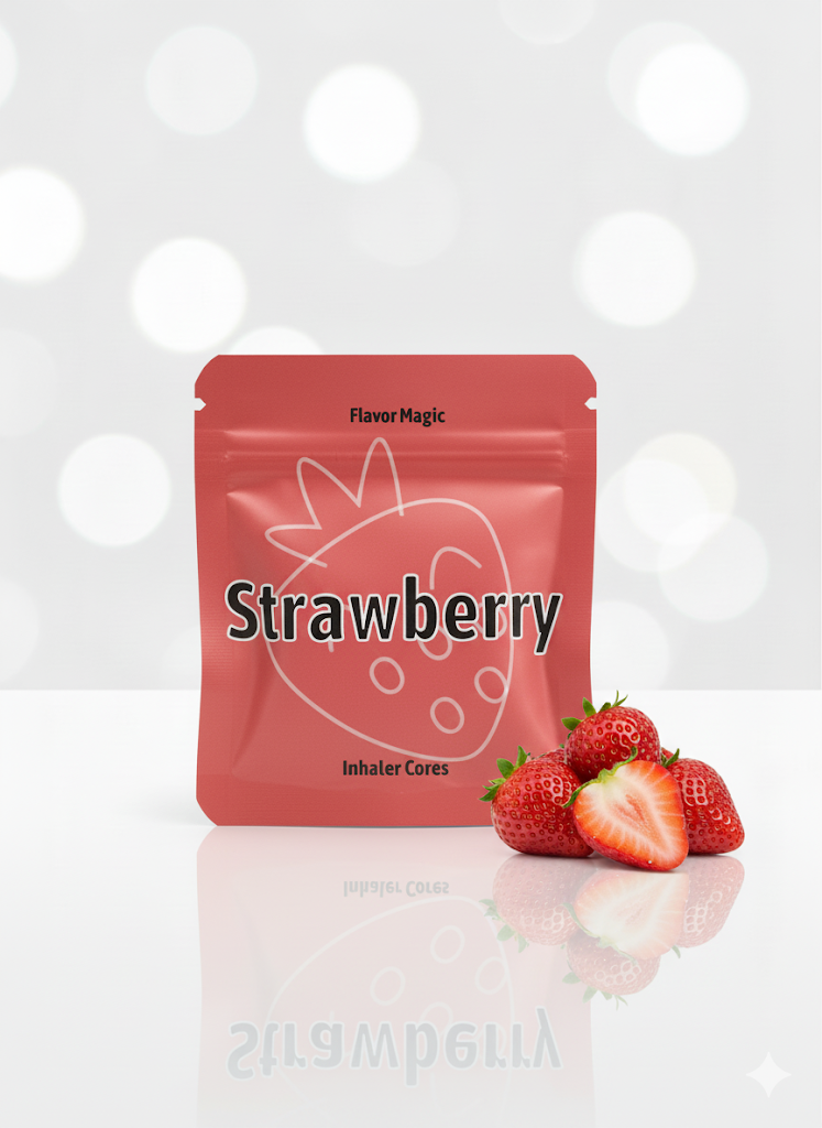 Red packaging labeled 'Strawberry' with strawberries on a white background