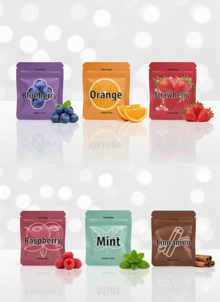 Assorted flavor packages with corresponding fruits and herbs on a white background