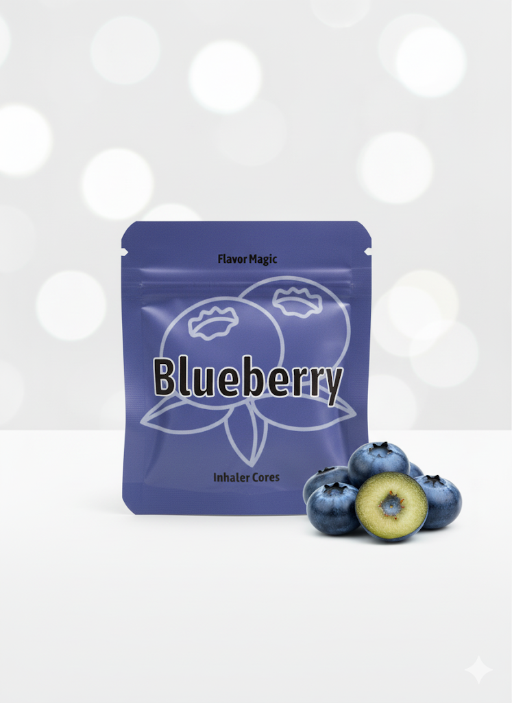 Blueberry-flavored product package with blueberries on a white background