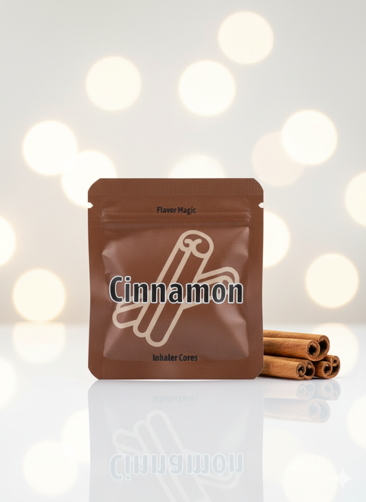 Cinnamon-flavored product package with cinnamon sticks on a reflective surface and blurred lights background
