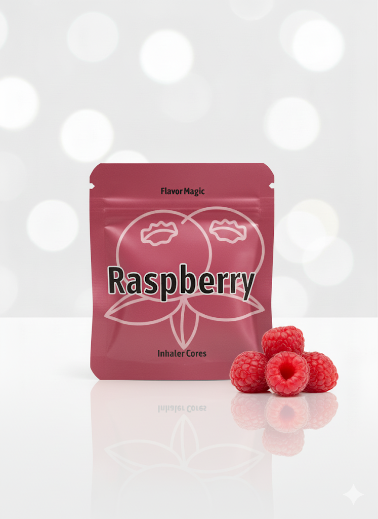 Raspberry-flavored product package with three raspberries on a white background