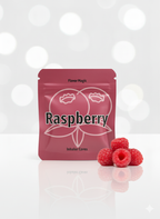 Raspberry-flavored product package with three raspberries on a white background