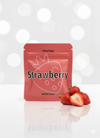 Red packaging labeled 'Strawberry' with strawberries on a white background